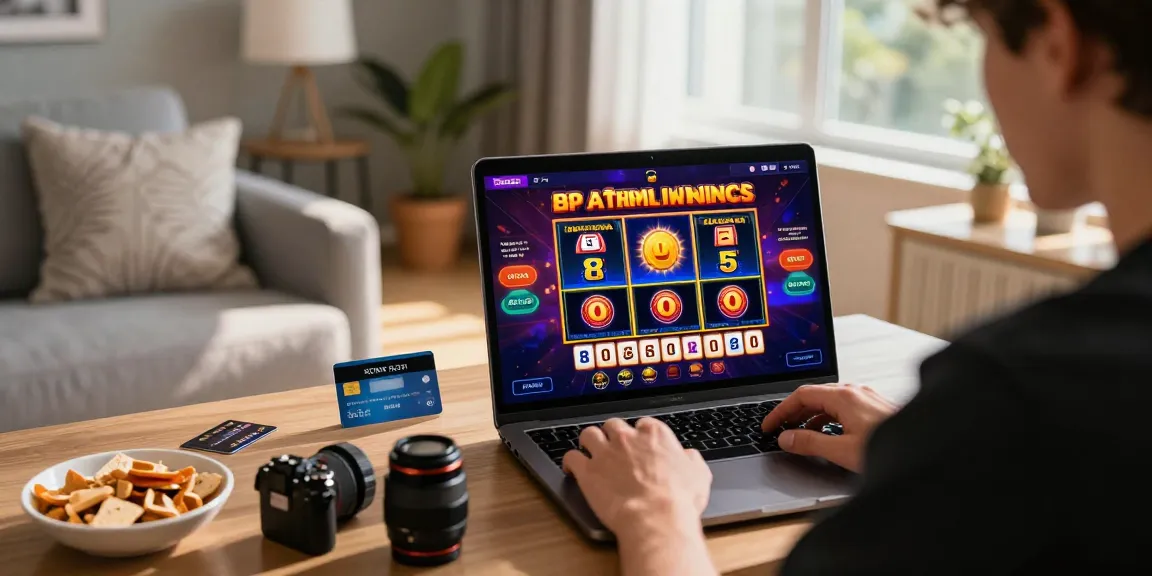 Engaging online casino scene showing a player at home using credit card casinos at https://saintnicolasplace.co.uk, highlighting vibrant gaming software and cozy atmosphere.