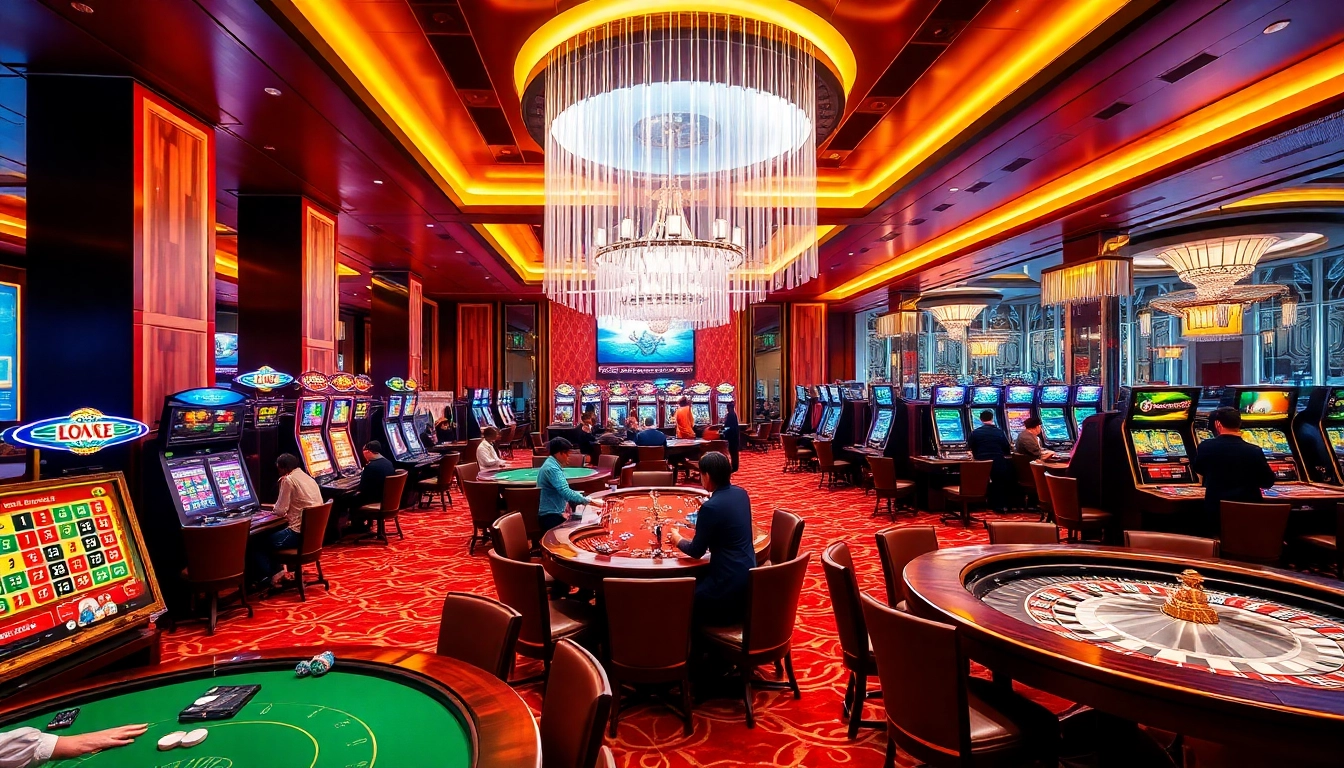 Engaging casino interior scene depicting vibrant gaming tables and the excitement of Giải mã giấc mơ.
