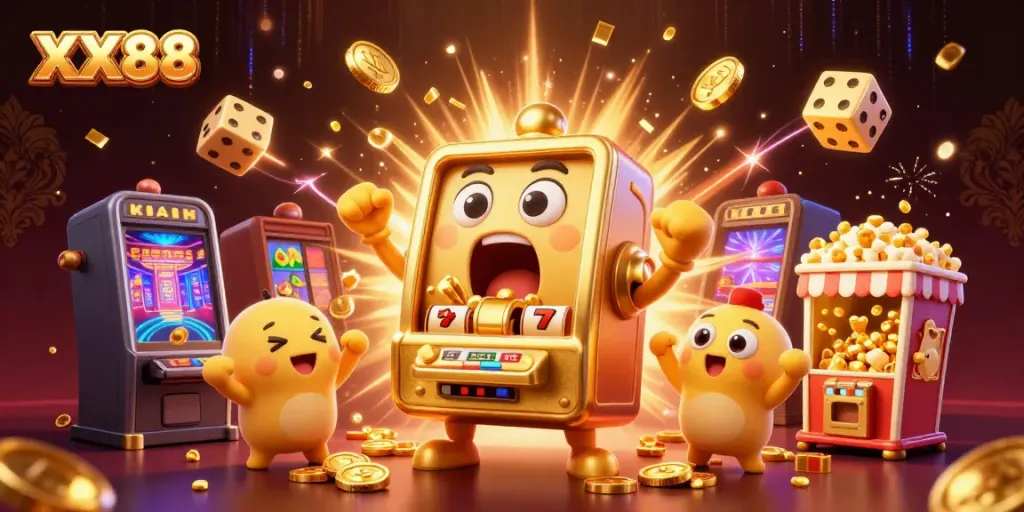 Experience the thrill of winning at XX88 with vibrant slot machines and cascading coins.