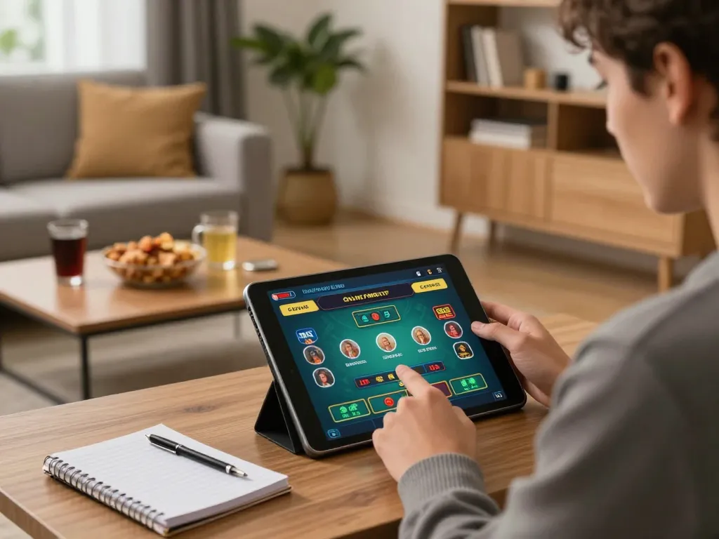 Playing online casino games on a tablet while looking for Link vào Tic88 in a cozy home setting.