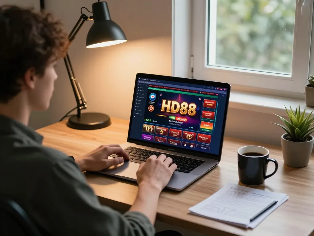 Engaging online gaming at hd88, showcasing a player strategizing with laptop and notes.