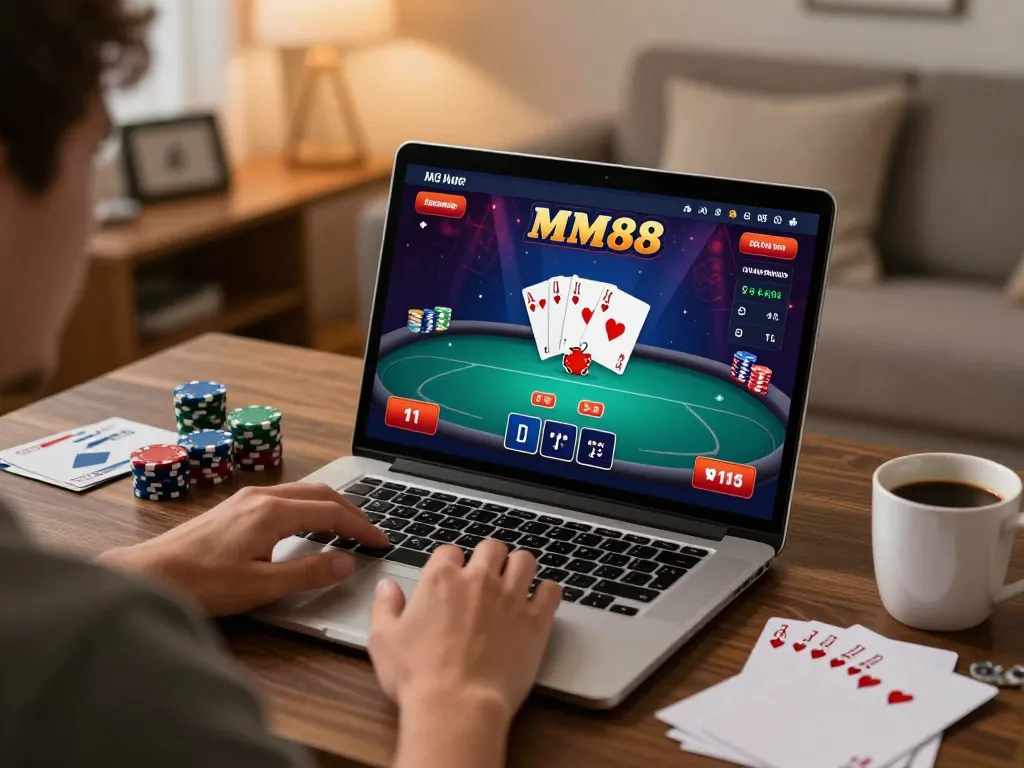 Engaging in strategic online poker gameplay at MM88, showcasing dynamic interaction and comfortable home setting.