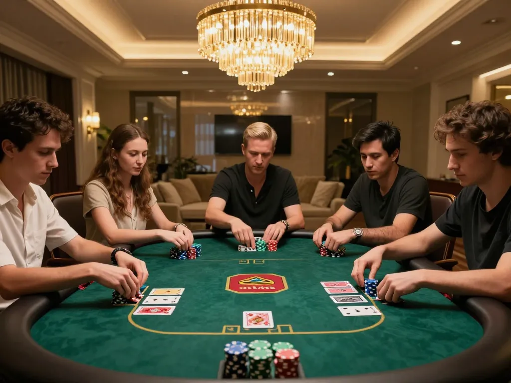 Miso88 players engaged in a strategic poker game at a luxury home setting, showcasing intense gameplay.