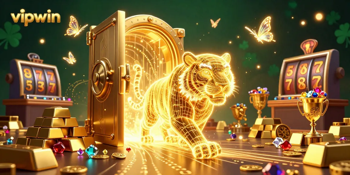 Experience the excitement of vipwin with a vibrant 3D casino scene featuring a glowing golden tiger and sparkling gems.