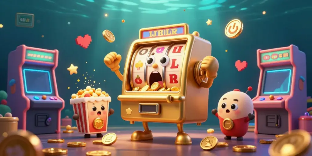 Experience thrilling wins with the 98WIN slot machine celebrating a jackpot amidst a vibrant arcade scene.