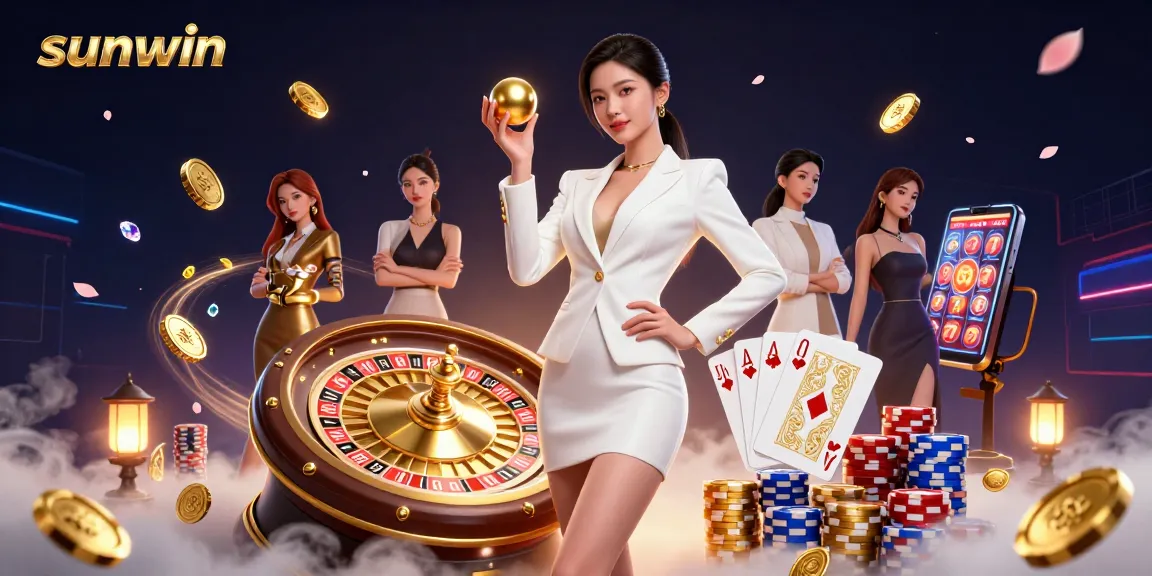 Win big with sunwin in this vibrant, detailed casino scene showcasing luxury games.
