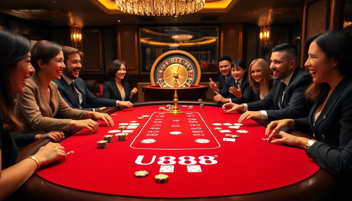 Players enjoying an exhilarating game at the U888 casino table, surrounded by rich decor.