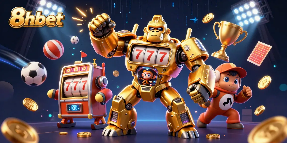 Experience thrilling gaming action at 8xbet with a dynamic gorilla mech and vibrant sports elements.