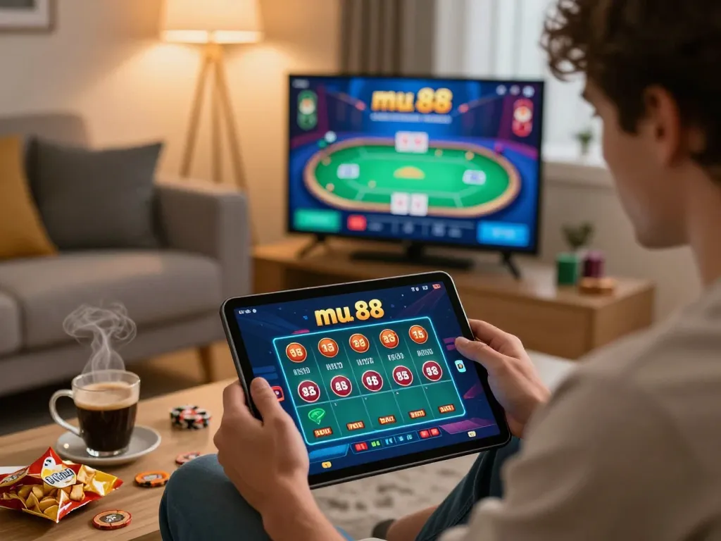 Player engaging with mu 88 app in cozy living space while enjoying online gaming.