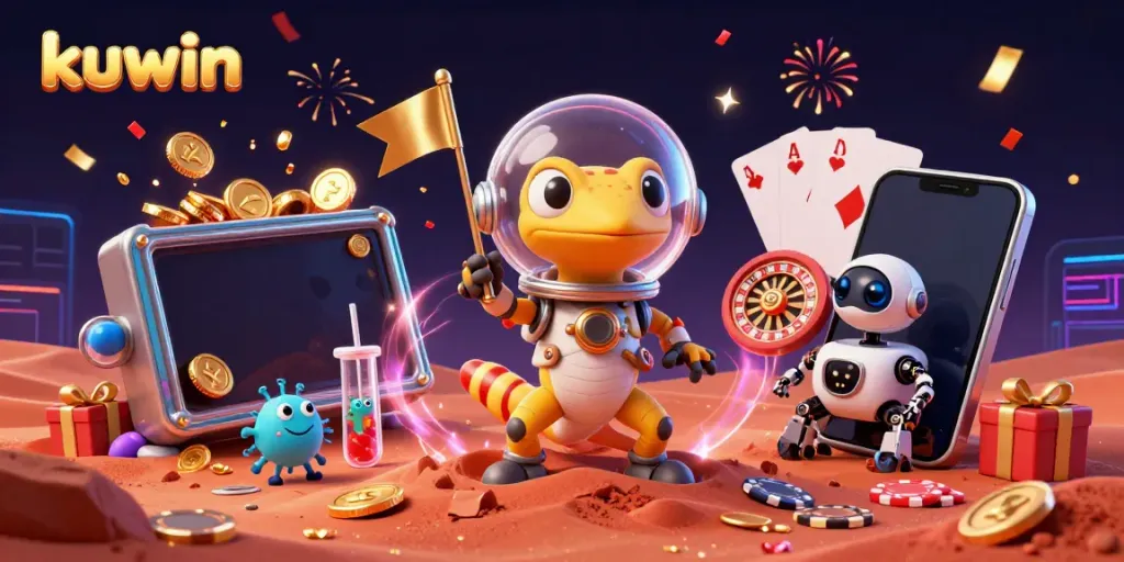 Experience the excitement of kuwin with a Martian gecko discovering a vibrant casino world on Mars.