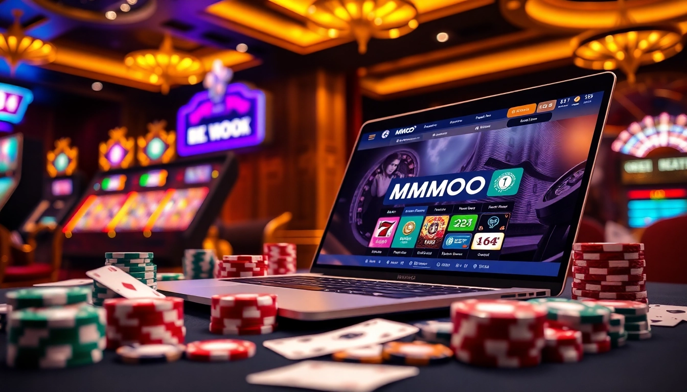 Players enjoying a high-stakes game on the MMOO online casino platform with vibrant chips and cards.