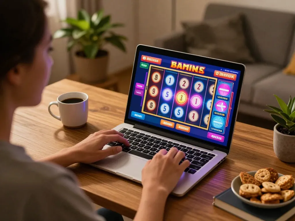 Engaging in KUWIN online slot gaming at home with a laptop, showcasing a vibrant digital interface