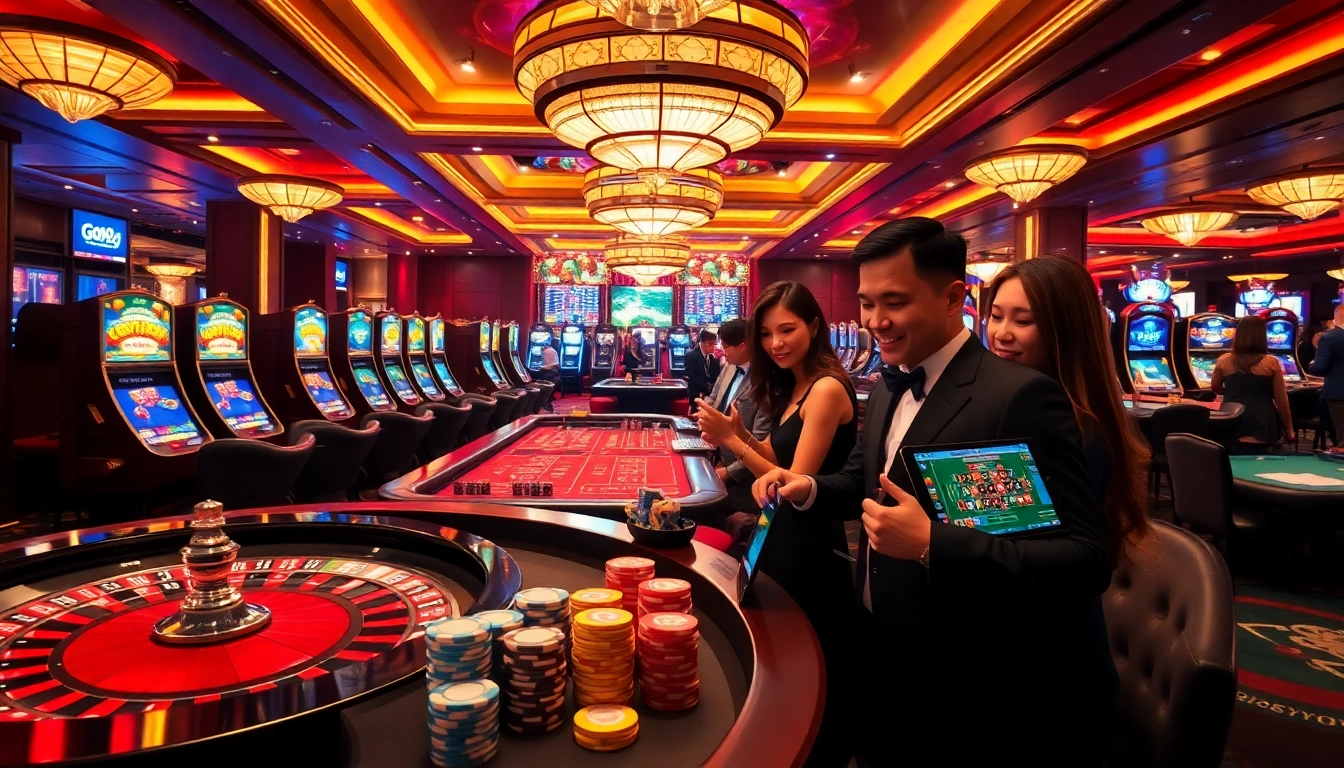 Experience the thrill of online gambling with GO99 in a vibrant casino scene filled with action.