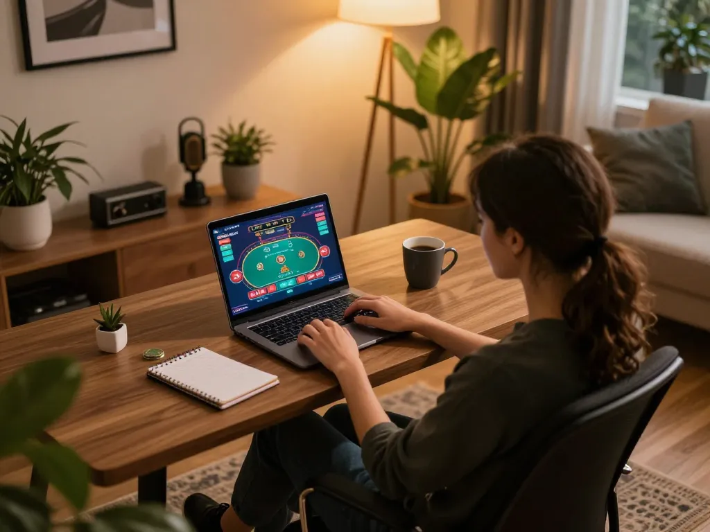 Player engaging with LV88 online gaming platform on laptop in a cozy home setting