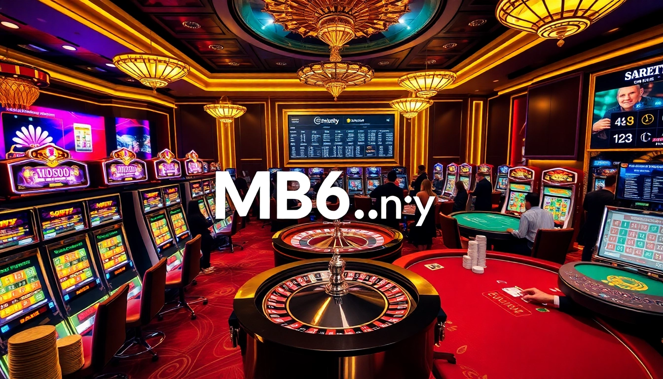 Experience gaming at MB66.nyc with players enjoying thrilling slots and poker tables in an elegant casino atmosphere.