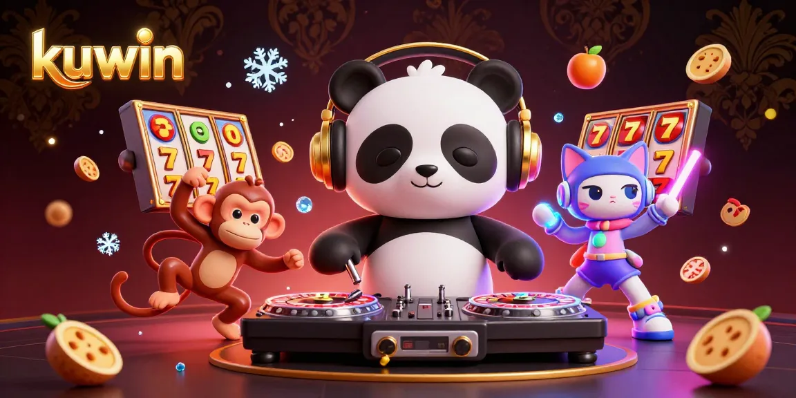 Kuwin showcases a vibrant 3D casino scene with a DJ panda, dancing monkey, and a glowing kitten amidst dynamic gaming elements.