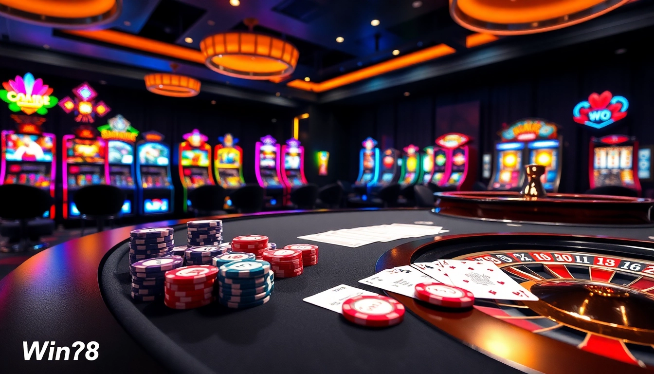Experience the thrill of gambling at Win78 with vibrant casino games, poker chips, and roulette tables.
