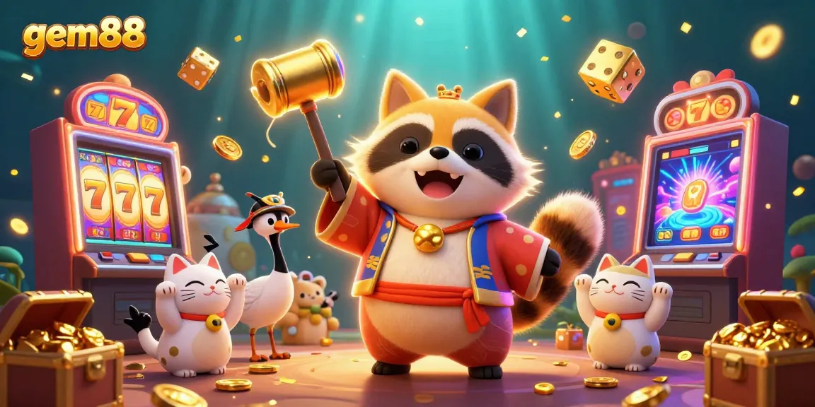 Play gem88 slots and win with lucky symbols and vibrant characters in a festive scene.