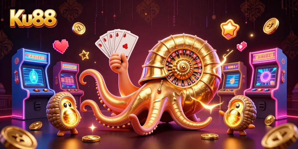 Experience the vibrant gambling world of Ku88 with fantasy elements and games in a dazzling illustration