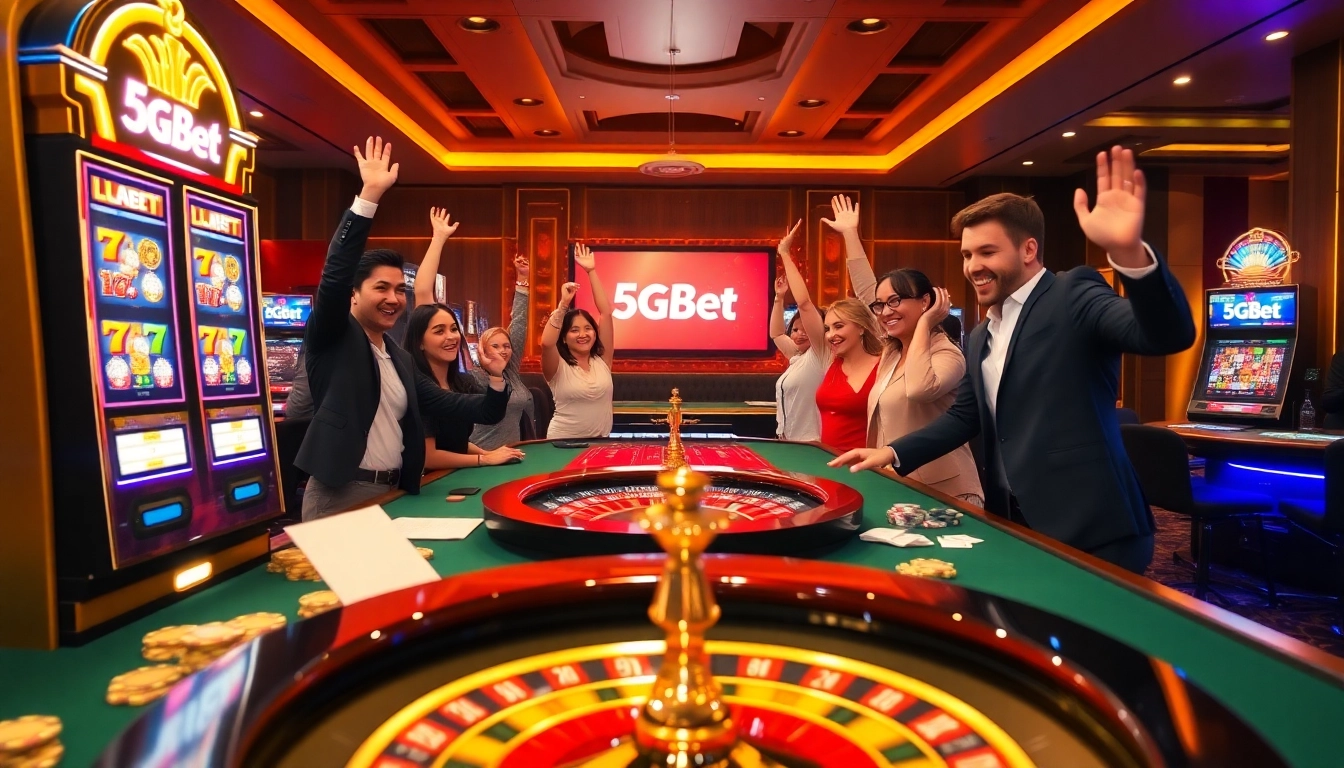 Players enjoying games at https://5gbetbr.com.br/ casino with vibrant slots and poker tables.