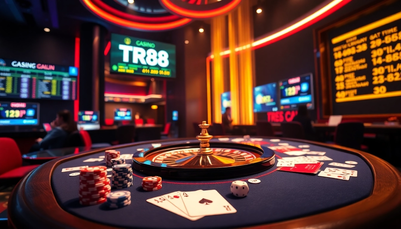 Engaging TR88 online gambling scene featuring poker chips, roulette wheel, and vibrant casino atmosphere.