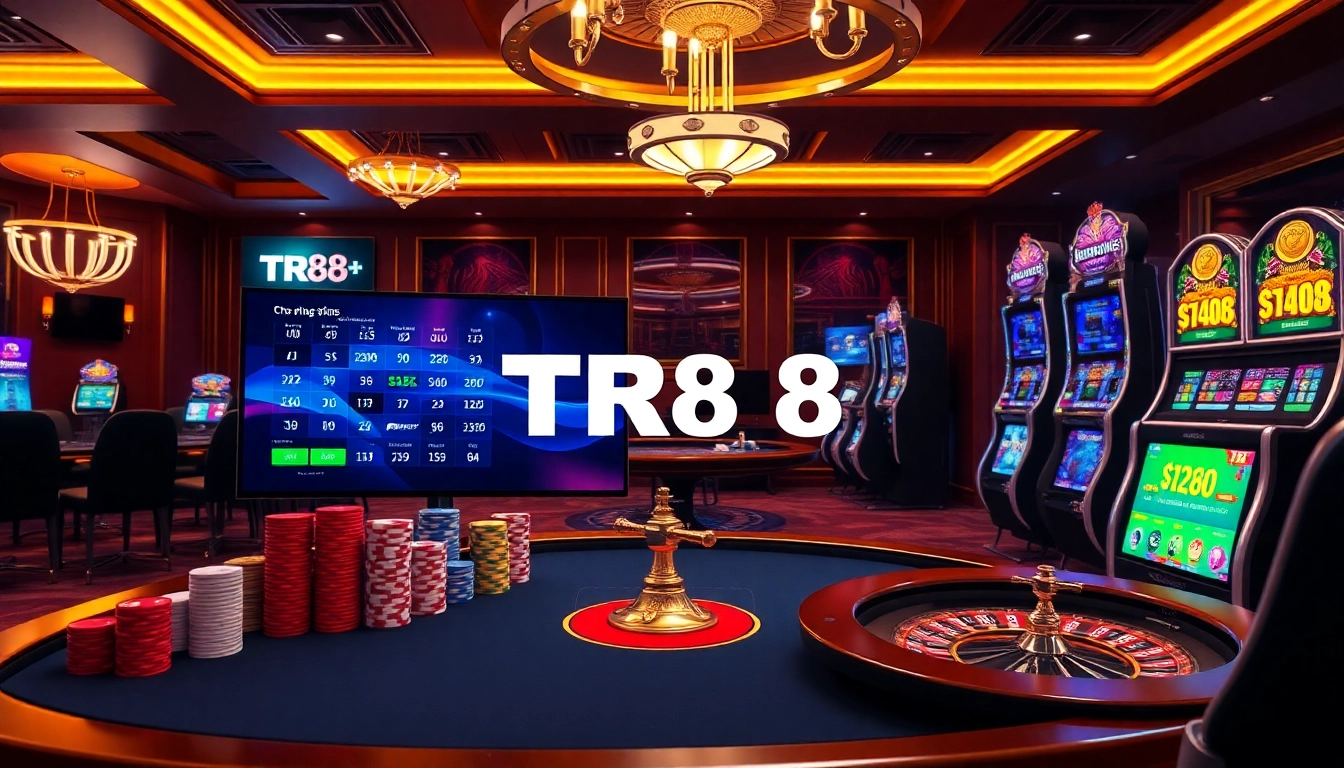Experience thrilling gameplay at TR88's sophisticated casino with vibrant poker chips and roulette.