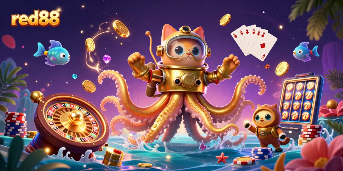 Experience the vibrant action at red88 with a colossal kraken, diving cat, and stunning casino elements.