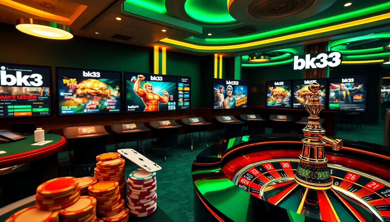 Experience the thrill of bk33 with a vibrant online casino scene featuring poker chips and roulette.