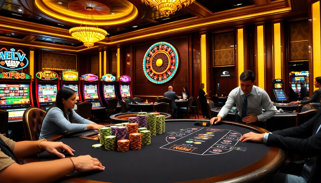 Players enjoying a competitive poker game at KP88 casino, showcasing high stakes and vibrant atmosphere.