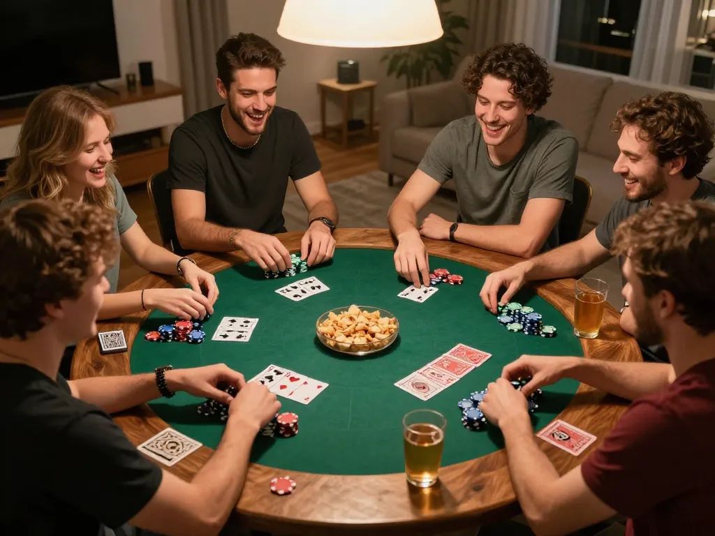Friends playing engaging poker game at home, showcasing fun and strategy of 99ok night.