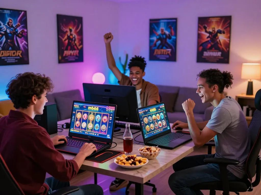 Engaged friends playing mb66 slot game at home with vibrant atmosphere and snacks.