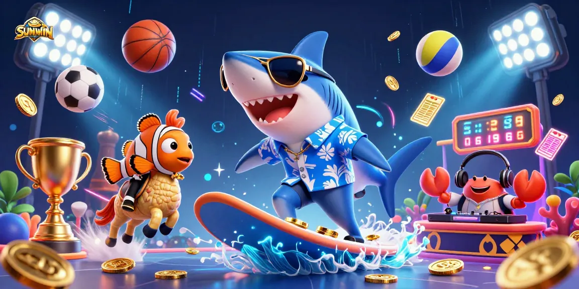 SUNWIN offers thrilling games, featuring a shark surfing on gold coins amidst dynamic sports betting elements.