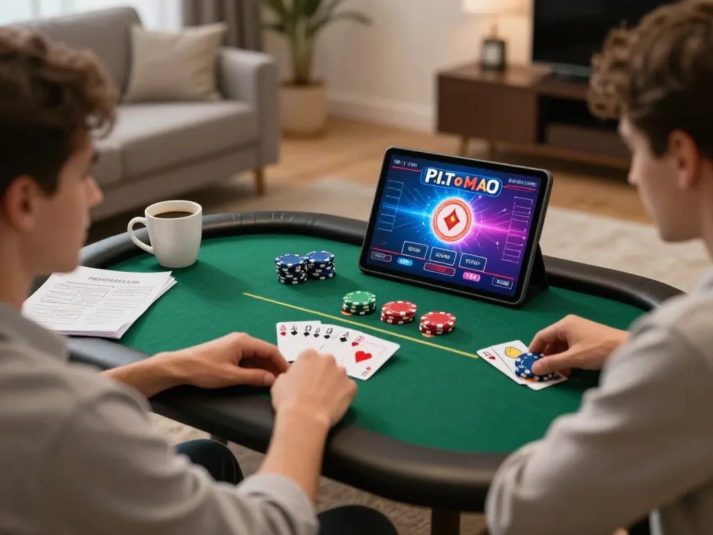 Player enjoying hitclub poker game on tablet in cozy living room, showcasing relaxed gambling experience.