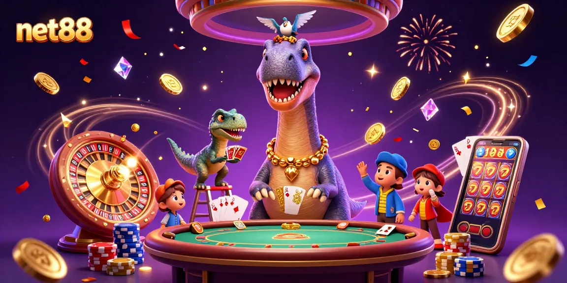 Experience thrilling moments at net88 with a dinosaur-themed casino scene filled with poker excitement.