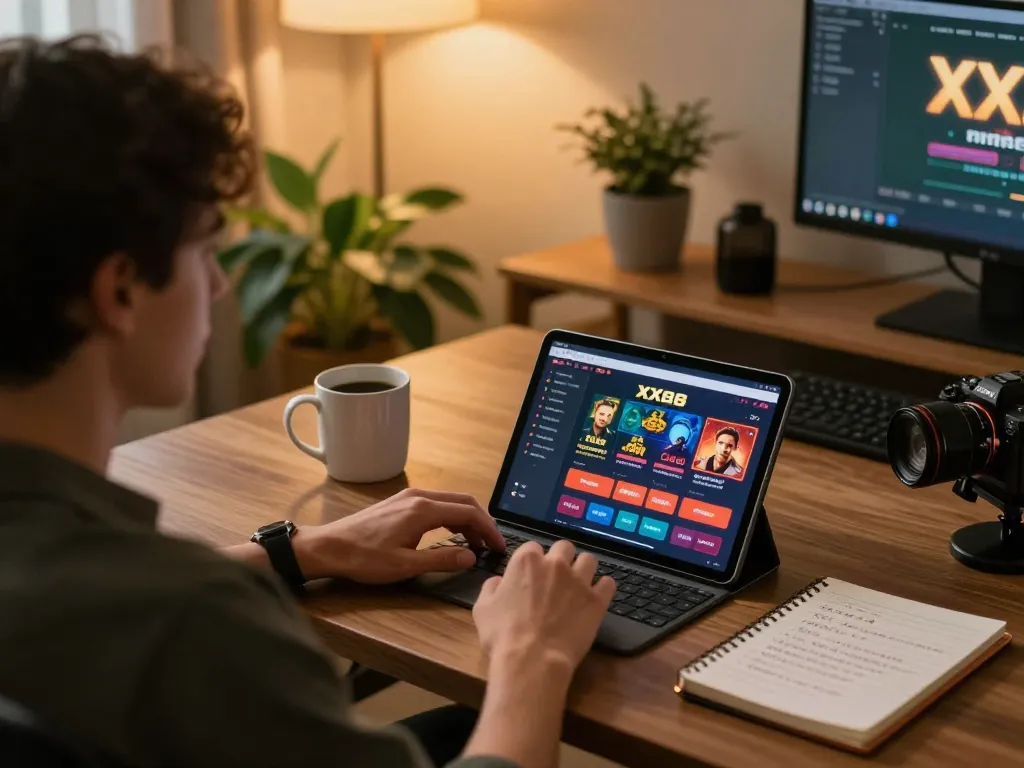 Person engaging with XX88 online casino app on tablet in cozy home office.