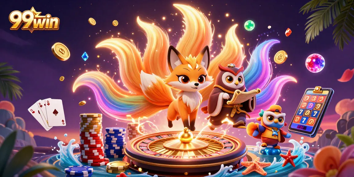 Engage with 99win's vibrant 3D illustration of a mystical fox spirit amid spinning slots and dazzling casino elements.