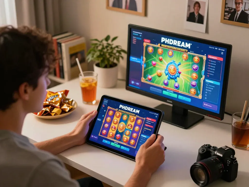 PHDREAM6268 player enjoying online slots on tablet at home, cozy scene with snacks and warm lighting.