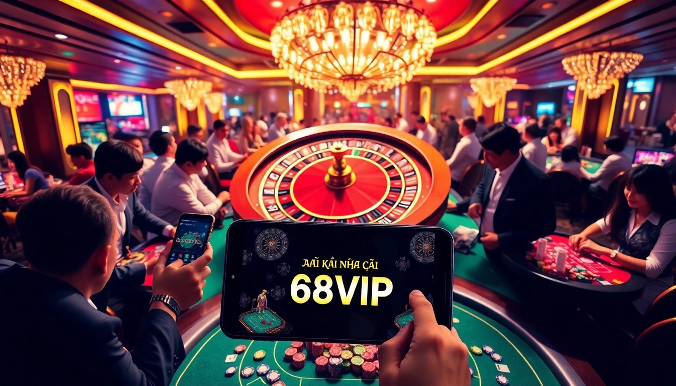 Experience thrilling casino action with Đăng Ký Nhà Cái 68VIP as players engage at the roulette table and poker games.