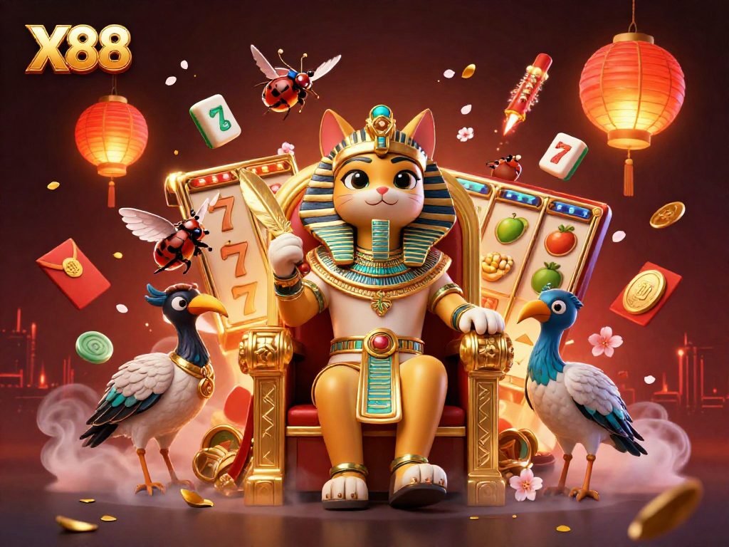 X88 offers thrilling slots action featuring an Egyptian pharaoh cat and magical casino elements.