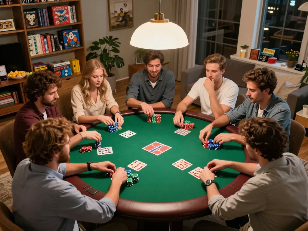 Players engaged in an exciting poker game at home with F168, showcasing vibrant chips and cards around a brightly lit table.