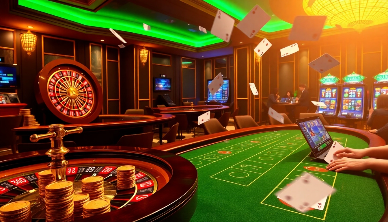 Experience thrilling gambling action at NH88 with a vibrant casino scene featuring cards, chips, and roulette.