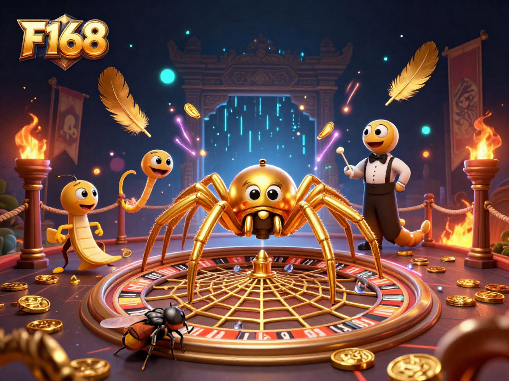 Experience F168's thrilling betting scene with a golden spider at the roulette wheel.