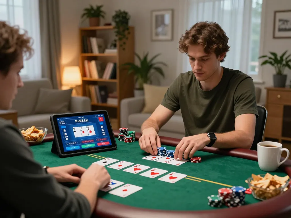 Player enjoying fly88 online poker in a cozy home setting, focused on strategic gameplay with a tablet and snacks
