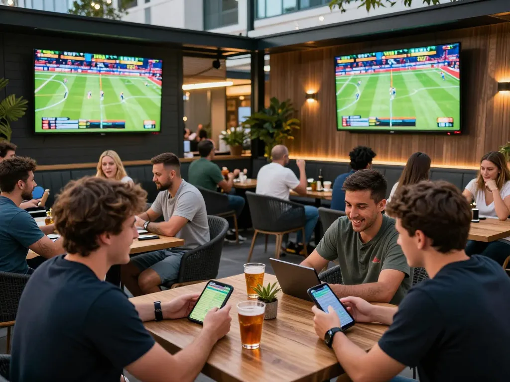 Engaged fans placing bets on sports events at https://lode884.co.com/ lively outdoor lounge