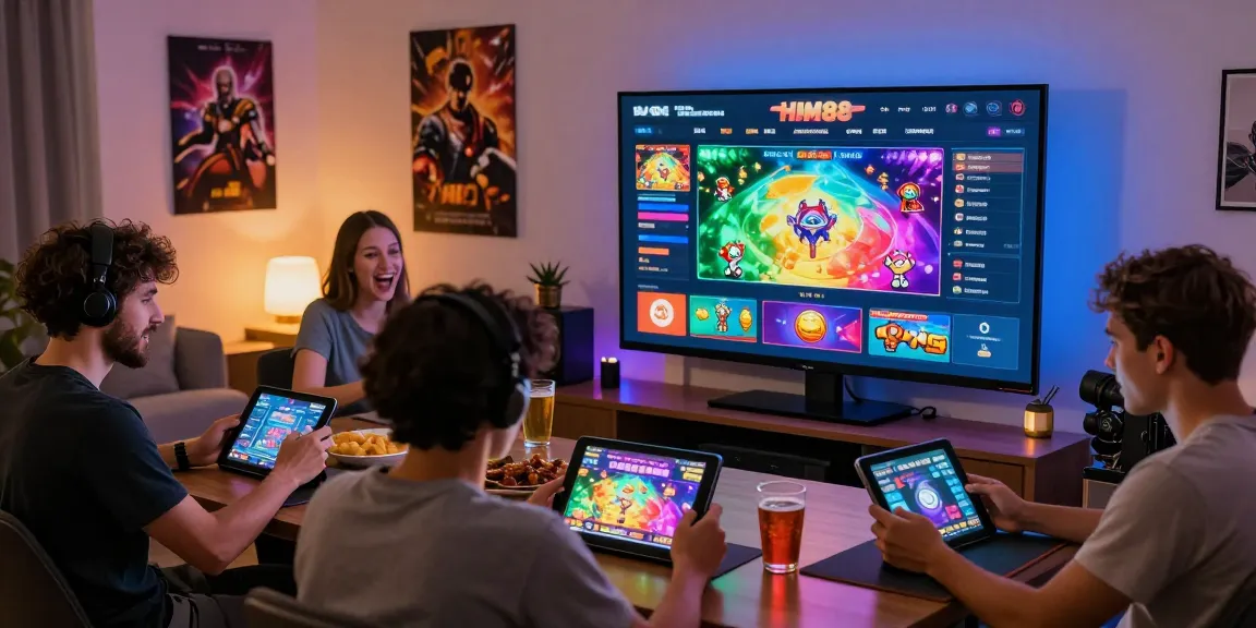Engaging online gaming experience at https://hm88.review/ with players enjoying various games in a vibrant home setting.
