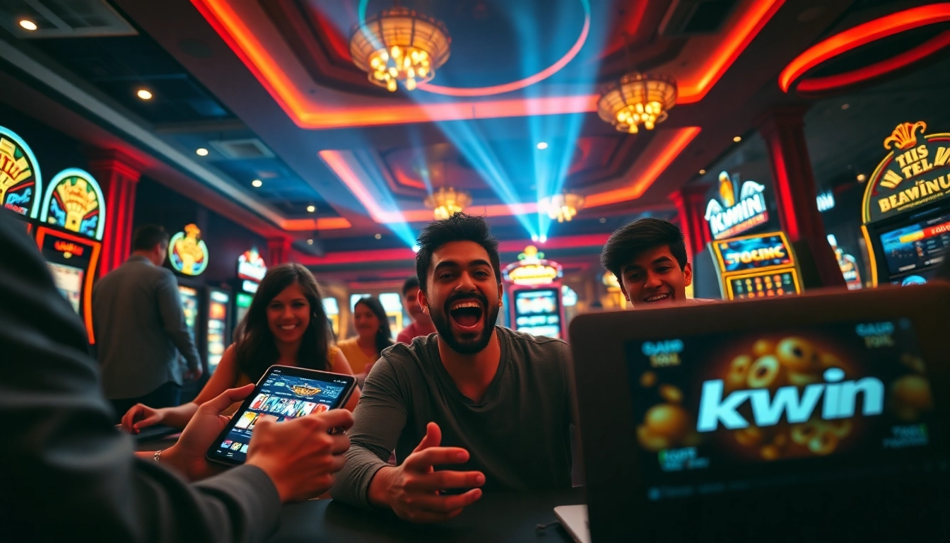 Kwin online gaming scene with diverse players enjoying poker and slot machines, showcasing a vibrant atmosphere.