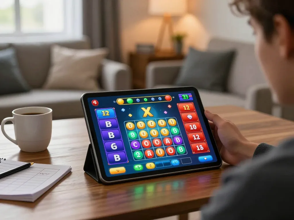 Xocdia88 player enjoying an online game with tablet in a cozy living room atmosphere.