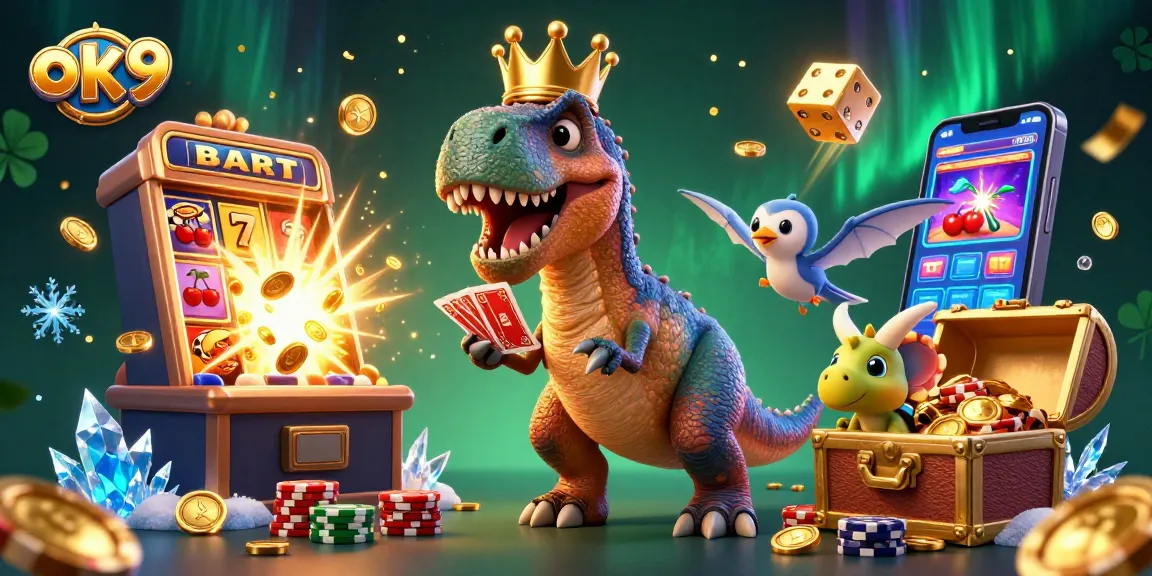 Spin slots and win big at ok 9 with thrilling 3D cartoon dinosaurs in a vibrant casino setting!