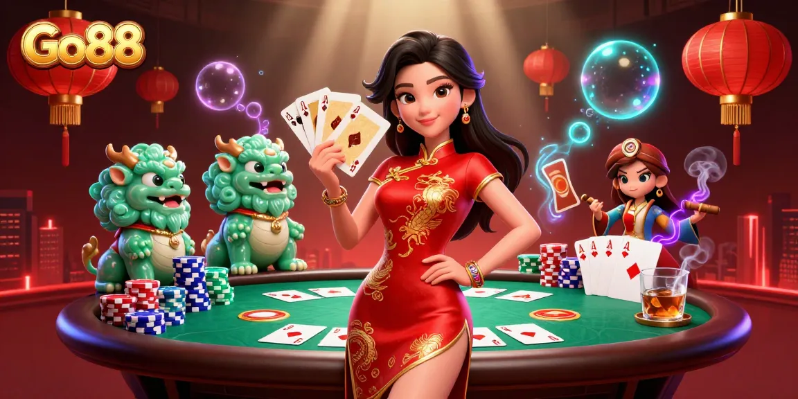 Engage with Go88's vibrant casino experience featuring a 3D qipao-clad dealer and lively poker table.
