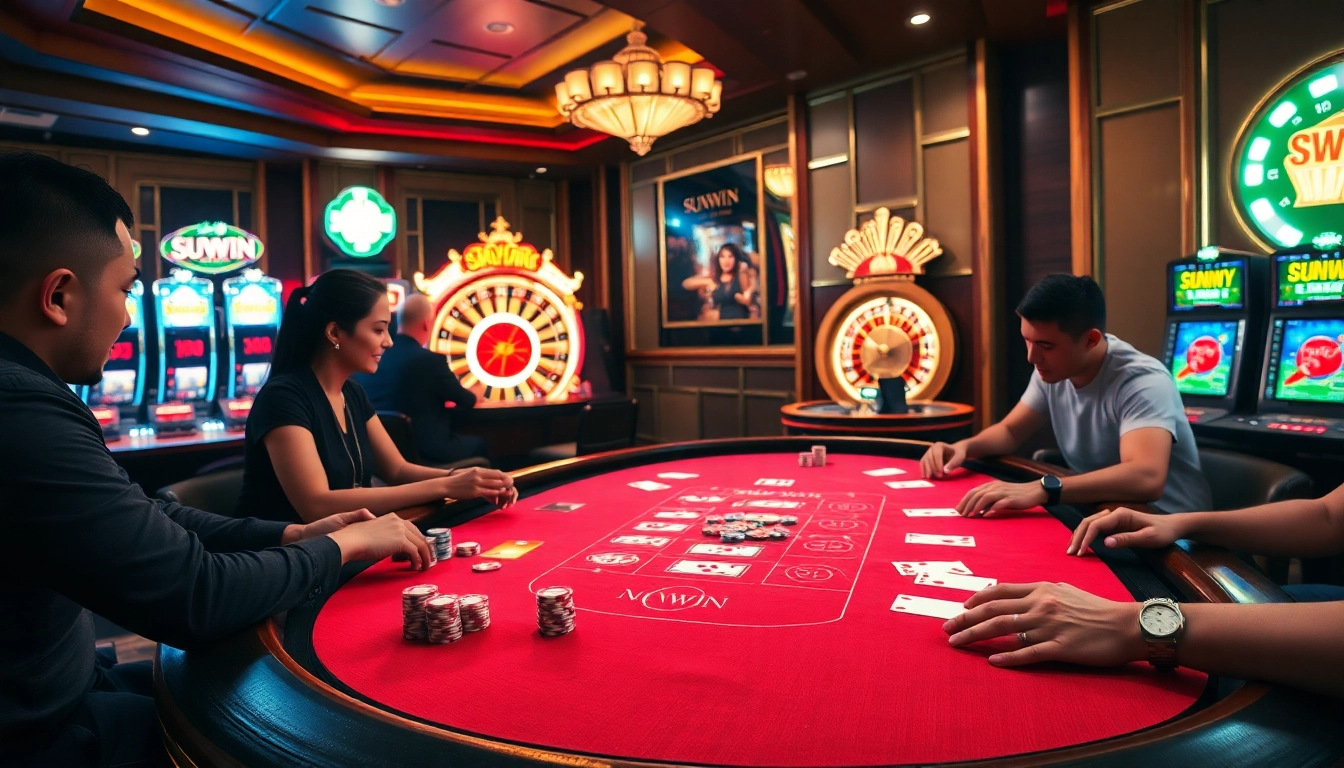 SUNWIN gaming table with vibrant chips and players enjoying the thrill of blackjack.